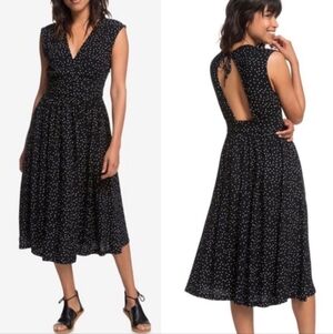 Roxy Black Polka Dot Tie-Back Midi Dress